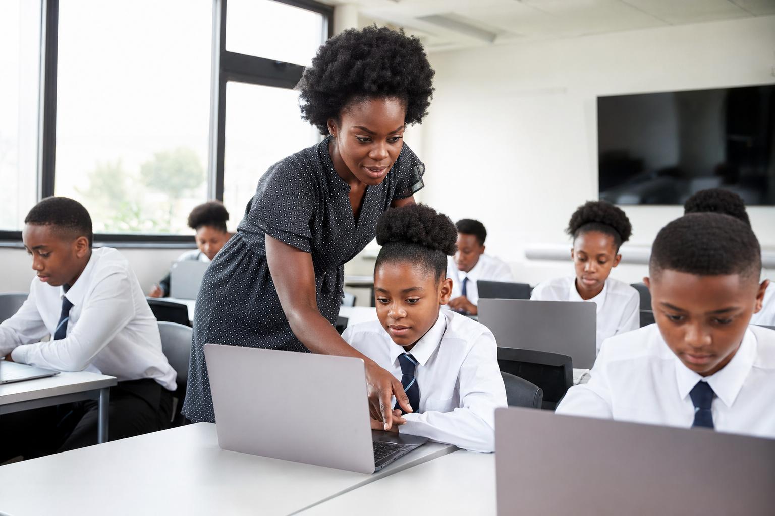 Teacher facilitating digital learning in a modern African classroom