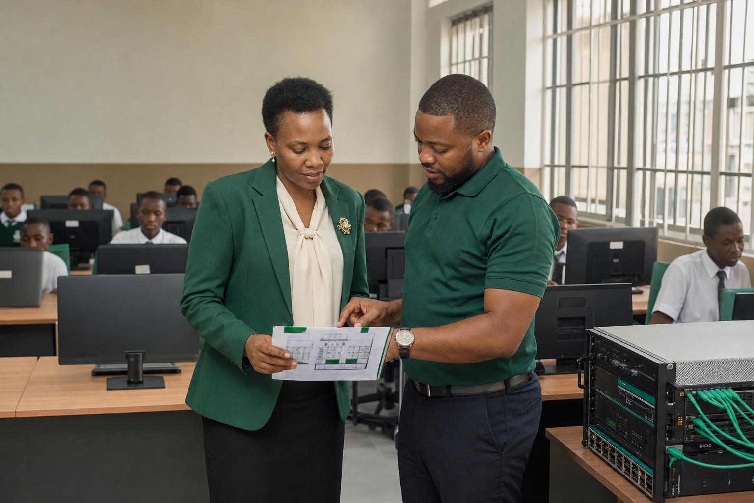 A school leader and LytLabs consultant reviewing a digital laboratory infrastructure plan
