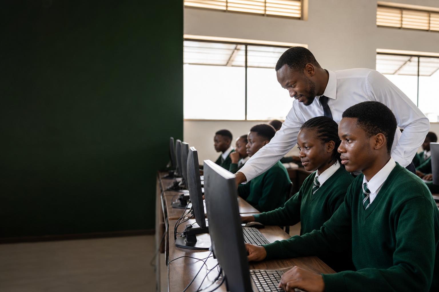 African teacher guiding students in a modern school computer laboratory