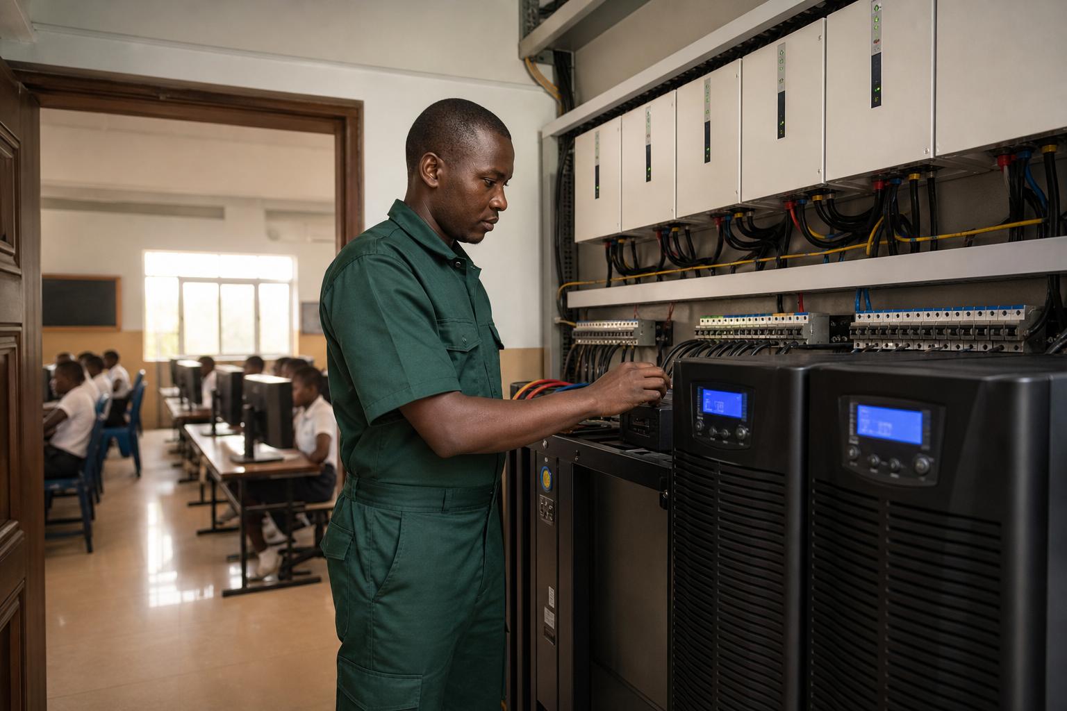 Engineer inspecting school laboratory UPS and protected power infrastructure
